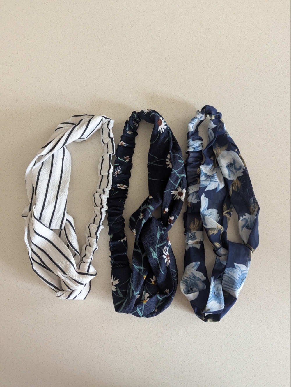Women’s Fabric Elastic Headbands - White Stripes, Blue Floral (Set of 3)